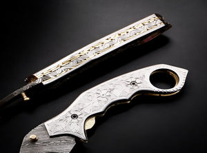 Handmade Damascus Steel Hunting Folding Karambit Claw knife with Engraved Steel Handle. Free Engraving and USA Shipping. Pro-Vigoroso1920