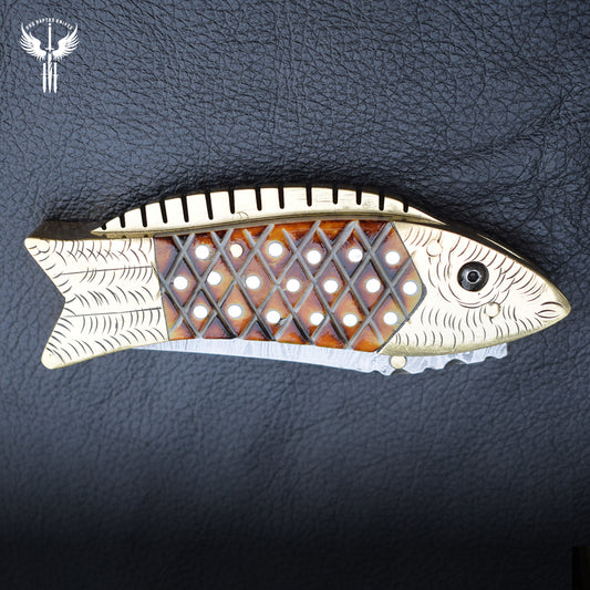 Handmade Damascus Steel Fish Shape Folding Knife with Engraved Handle. Pro1458