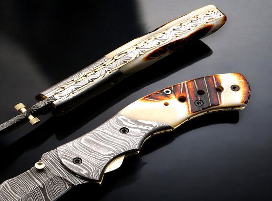 Handmade Damascus Steel Folding Knife with Engraved Resin Handle. Pro1481