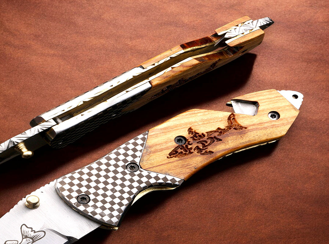 Handmade D2 steel Hunting Camping Folding knife with Rope cutting Hook Handle. Free Engraving and USA Shipping. Pro-Vigoroso1919