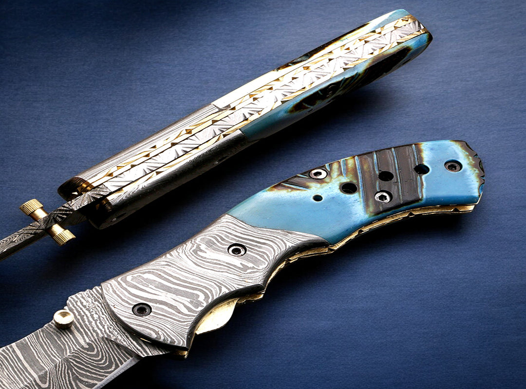 Handmade Damascus Steel Bone Handle Folding Knife with Damascus Bolster. Free engraving and USA Shipping.  Pro-Vigoroso1451