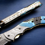 Handmade Damascus Steel Bone Handle Folding Knife with Damascus Bolster. Free engraving and USA Shipping.  Pro-Vigoroso1451