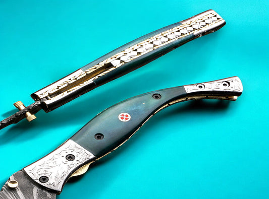 Handmade Damascus Steel Fish Tail Shape Folding Knife with Engraved Bolster and Pommel. Pro1476