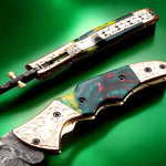 Handmade Damascus Steel  and Tie & Dye Resin Handle Folding Knife with Engraved Bolster.  Free Engraving and USA Shipping.  Pro-Vigoroso1471