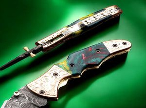 Handmade Damascus Steel  and Tie & Dye Resin Handle Folding Knife with Engraved Bolster.  Free Engraving and USA Shipping.  Pro-Vigoroso1471