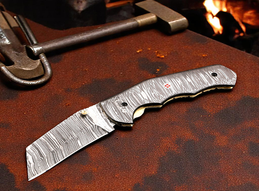 Damascus Steel Cleaver Blade Folding Knife with Damascus Handle. Free Engraving and USA Shipping.  Pro-Vigoroso1922