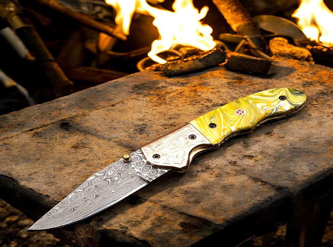 Handmade Damascus Steel Folding Knife with engraved Bolster and Resin Handle. Free Engraving and USA Shipping. Pro-Vigoroso1916