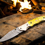 Handmade Damascus Steel Folding Knife with engraved Bolster and Resin Handle. Free Engraving and USA Shipping. Pro-Vigoroso1916