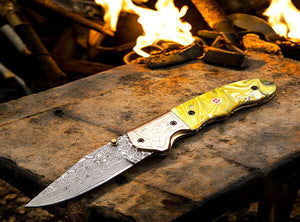 Handmade Damascus Steel Folding Knife with engraved Bolster and Resin Handle. Free Engraving and USA Shipping. Pro-Vigoroso1916