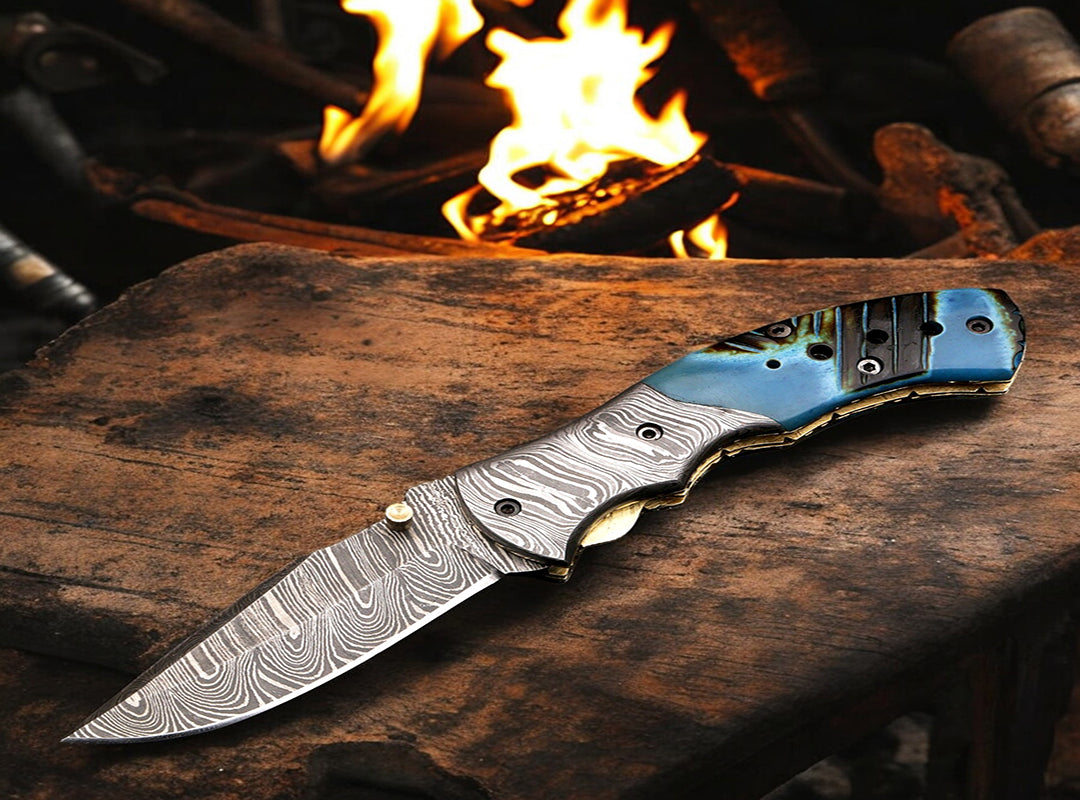 Handmade Damascus Steel Bone Handle Folding Knife with Damascus Bolster. Free engraving and USA Shipping.  Pro-Vigoroso1451