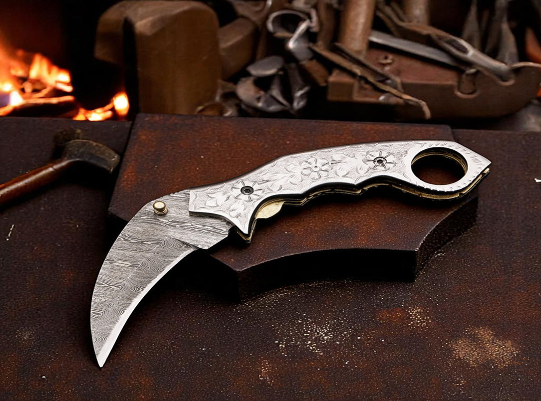 Handmade Damascus Steel Hunting Folding Karambit Claw knife with Engraved Steel Handle. Free Engraving and USA Shipping. Pro-Vigoroso1920