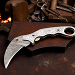 Handmade Damascus Steel Hunting Folding Karambit Claw knife with Engraved Steel Handle. Free Engraving and USA Shipping. Pro-Vigoroso1920