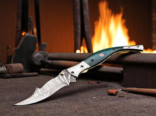 Handmade Damascus Steel Fish Tail Shape Folding Knife with Engraved Bolster and Pommel. Pro1476
