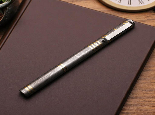 Handmade Damascus Steel & Brass Rings on Ballpoint Pen Barrel with Pocket Clipper. Pro7009