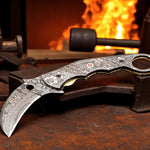 Handmade Damascus steel Raindrop Pattern Karambit Shape Folding Knife. Free Engraving and USA Shipping. Pro-Vigoroso1918