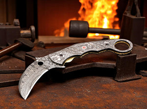 Handmade Damascus steel Raindrop Pattern Karambit Shape Folding Knife. Free Engraving and USA Shipping. Pro-Vigoroso1918