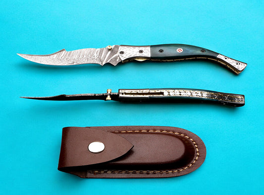 Handmade Damascus Steel Fish Tail Shape Folding Knife with Engraved Bolster and Pommel. Pro1476