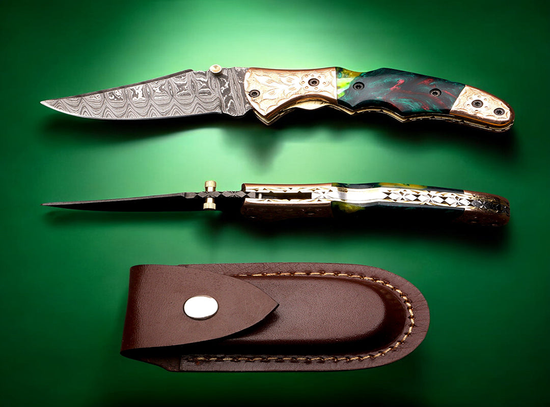 Handmade Damascus Steel  and Tie & Dye Resin Handle Folding Knife with Engraved Bolster.  Free Engraving and USA Shipping.  Pro-Vigoroso1471