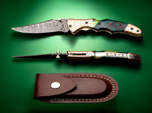 Handmade Damascus Steel  and Tie & Dye Resin Handle Folding Knife with Engraved Bolster. Pro1471