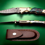 Handmade Damascus Steel  and Tie & Dye Resin Handle Folding Knife with Engraved Bolster.  Free Engraving and USA Shipping.  Pro-Vigoroso1471