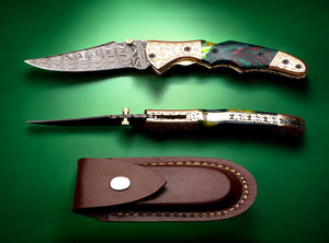 Handmade Damascus Steel  and Tie & Dye Resin Handle Folding Knife with Engraved Bolster.  Free Engraving and USA Shipping.  Pro-Vigoroso1471