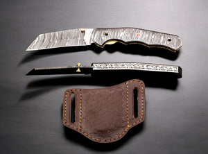 Damascus Steel Cleaver Blade Folding Knife with Damascus Handle. Free Engraving and USA Shipping.  Pro-Vigoroso1922