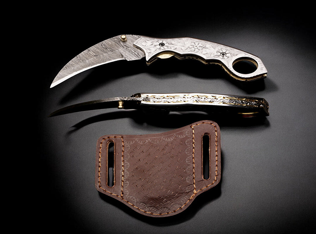 Handmade Damascus Steel Hunting Folding Karambit Claw knife with Engraved Steel Handle. Free Engraving and USA Shipping. Pro-Vigoroso1920
