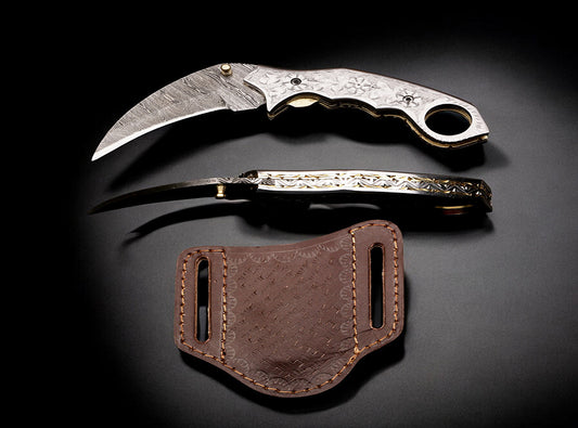 Handmade Damascus Steel Karambit Claw Shape Folding knife with Engraved Handle. Pro1920