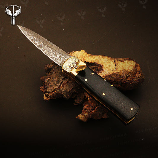 Handmade Damascus steel Push Button & Black Micarta Folding Knife in Wooden Box. Pro1701