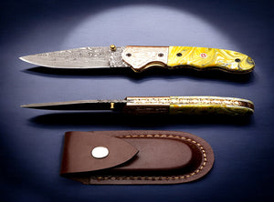 Handmade Damascus Steel Folding Knife with engraved Bolster and Resin Handle. Free Engraving and USA Shipping. Pro-Vigoroso1916