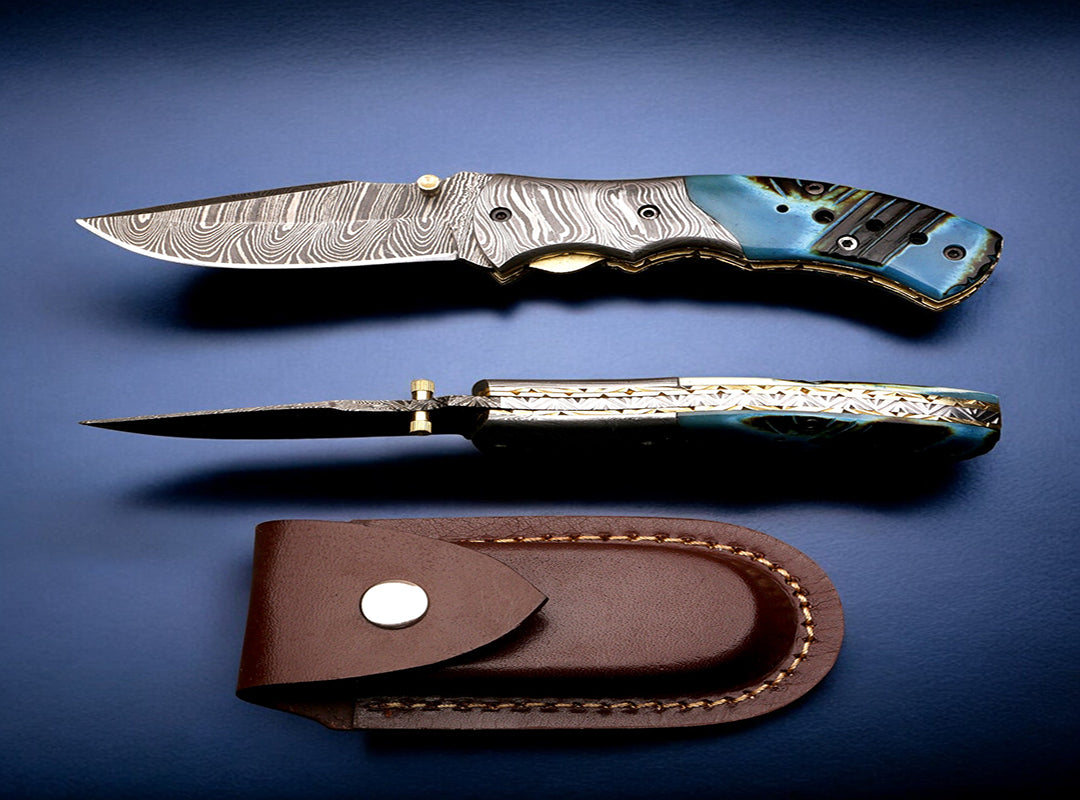 Handmade Damascus Steel Bone Handle Folding Knife with Damascus Bolster. Free engraving and USA Shipping.  Pro-Vigoroso1451