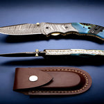 Handmade Damascus Steel Bone Handle Folding Knife with Damascus Bolster. Free engraving and USA Shipping.  Pro-Vigoroso1451