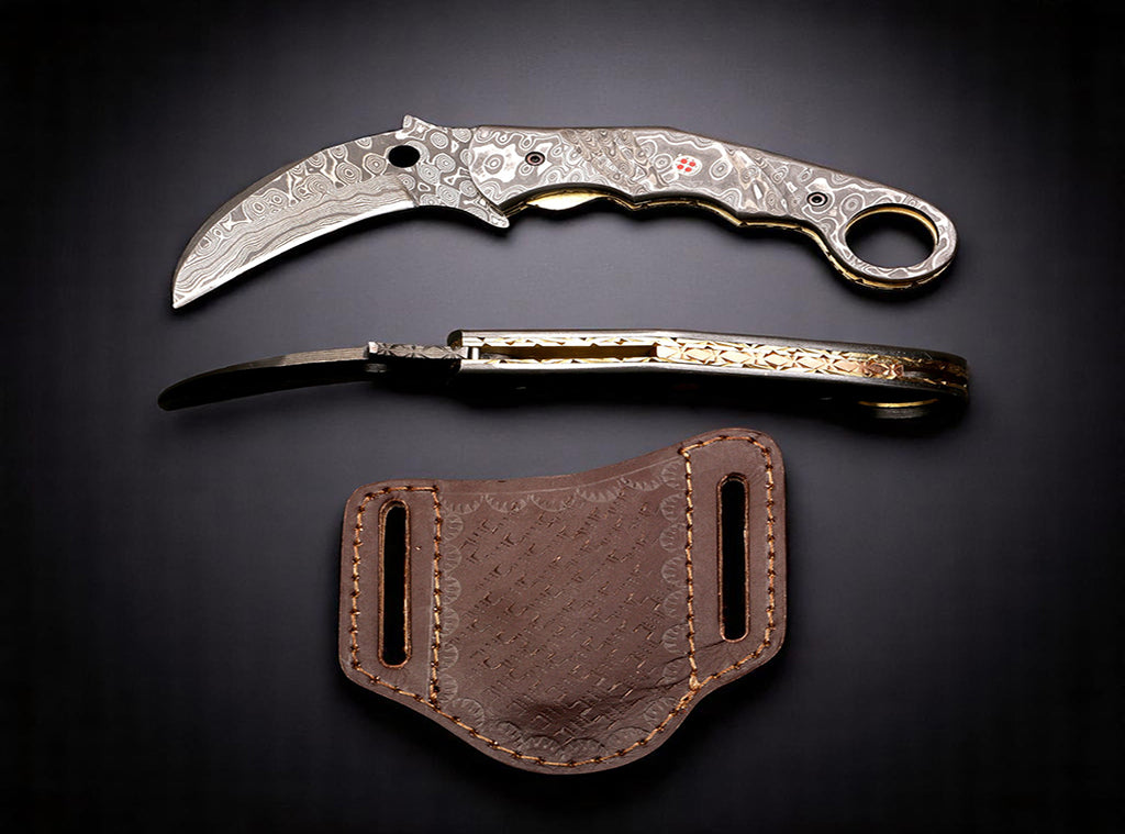 Handmade Damascus steel Raindrop Pattern Karambit Shape Folding Knife. Free Engraving and USA Shipping. Pro-Vigoroso1918