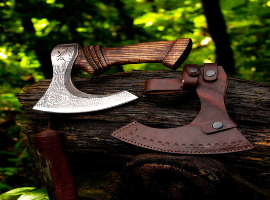 Handmade High Carbon Steel Lion etched Long Edge Pizza Cutter Axe with Ash Wood Handle. Pro-Bello5555