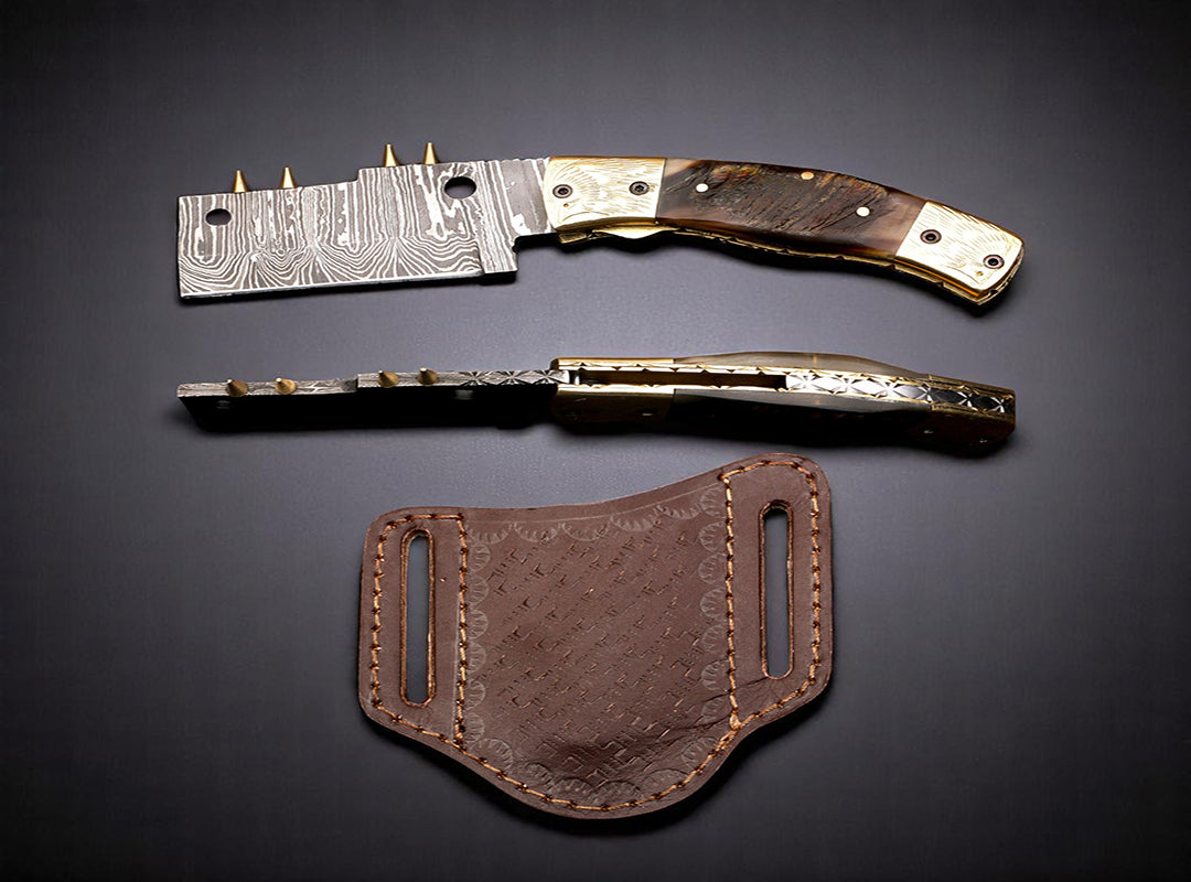 Damascus Etched Cleaver Blade Folding Knife with Spine Rivets. Free Engraving and USA Shipping. Pro-Vigoroso1921