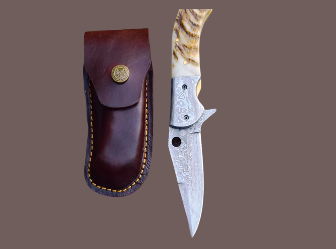 Handmade Damascus Steel Pocket Knife with Lamb Horn Handle. Free Engraving and USA Shipping.  Pro-Vigoroso1472