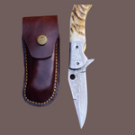 Handmade Damascus Steel Pocket Knife with Lamb Horn Handle. Free Engraving and USA Shipping.  Pro-Vigoroso1472