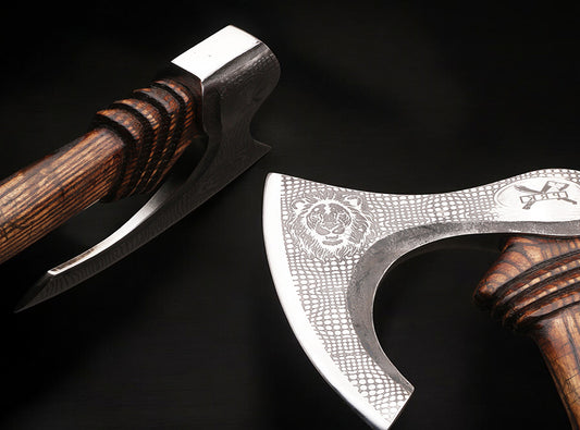 Handmade High Carbon Steel Lion etched Long Edge Pizza Cutter Axe with Ash Wood Handle. Pro-Bello5555