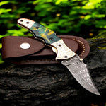 Handmade Damascus Steel  and Tie & Dye Resin Handle Folding Knife with Engraved Bolster.  Free Engraving and USA Shipping.  Pro-Vigoroso1471