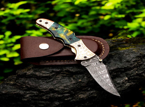 Handmade Damascus Steel  and Tie & Dye Resin Handle Folding Knife with Engraved Bolster.  Free Engraving and USA Shipping.  Pro-Vigoroso1471