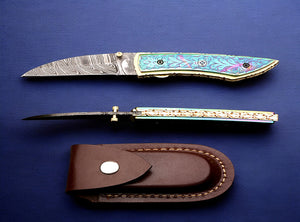 Handmade Damascus Steel Folding Knife Along with Engraved D2 Steel Dual Shade Handle. Free Engraving and USA Shipping.  Pro-Vigoroso1915