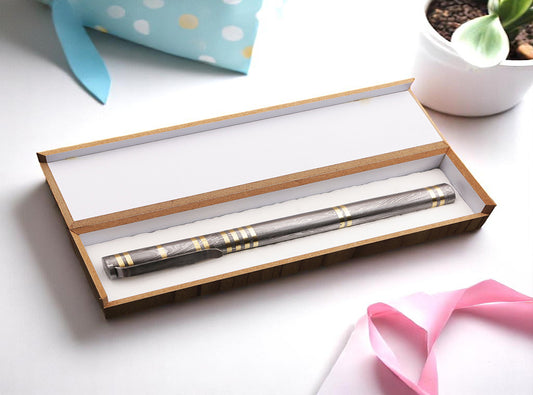 Handmade Damascus Steel & Brass Rings on Ballpoint Pen Barrel with Pocket Clipper. Pro7009