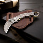 Handmade Damascus steel Raindrop Pattern Karambit Shape Folding Knife. Free Engraving and USA Shipping. Pro-Vigoroso1918