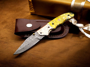 Handmade Damascus Steel Folding Knife with engraved Bolster and Resin Handle. Free Engraving and USA Shipping. Pro-Vigoroso1916