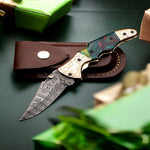 Handmade Damascus Steel  and Tie & Dye Resin Handle Folding Knife with Engraved Bolster.  Free Engraving and USA Shipping.  Pro-Vigoroso1471