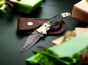 Handmade Damascus Steel  and Tie & Dye Resin Handle Folding Knife with Engraved Bolster.  Free Engraving and USA Shipping.  Pro-Vigoroso1471