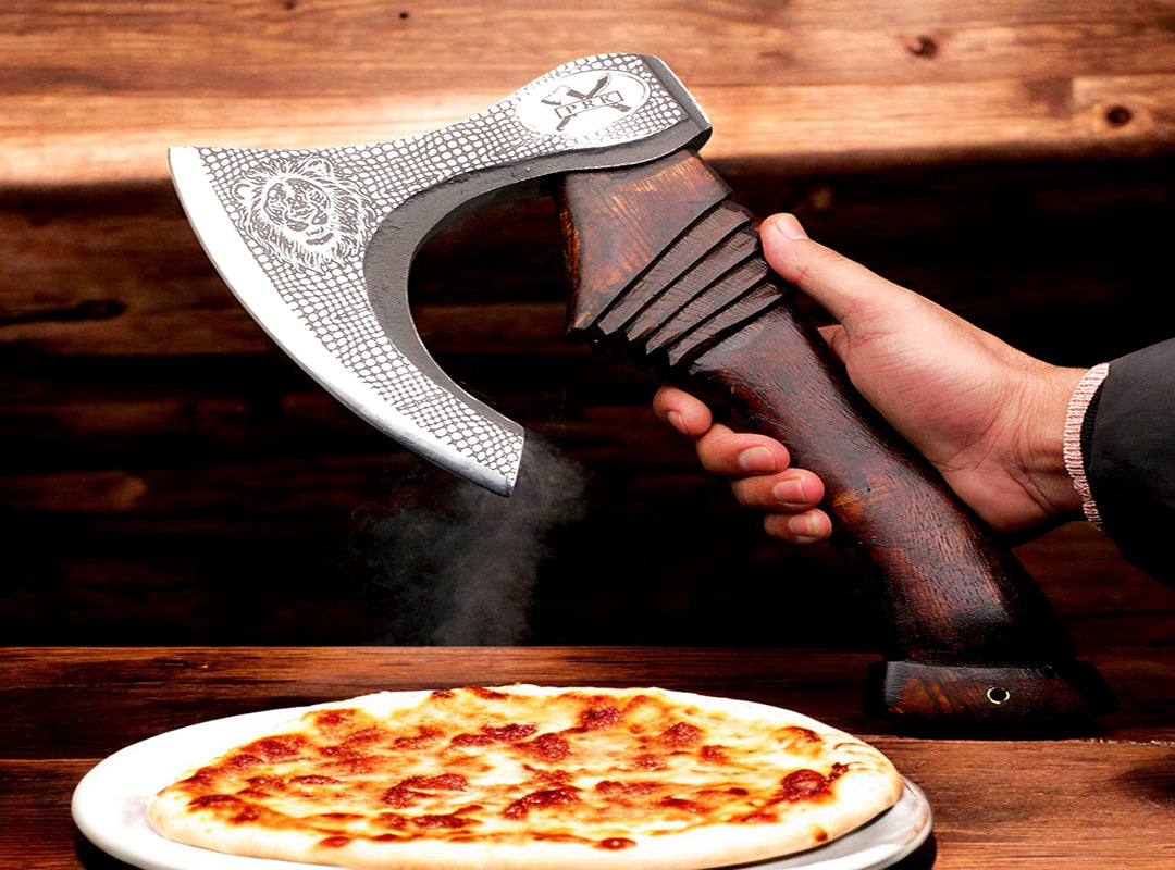 Best Professional Handmade Carbon Steel Lion etched Long Edge Pizza Cutter Axe with Dark Wood Handle. Free Engraving and USA Shipping. Pro-Bello5556