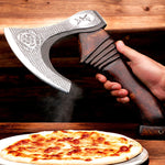 Best Professional Handmade Carbon Steel Lion etched Long Edge Pizza Cutter Axe with Dark Wood Handle. Free Engraving and USA Shipping. Pro-Bello5556