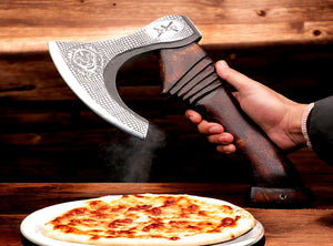 Best Professional Handmade Carbon Steel Lion etched Long Edge Pizza Cutter Axe with Dark Wood Handle. Free Engraving and USA Shipping. Pro-Bello5556