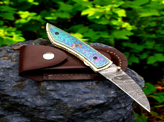Handmade Damascus Steel Folding Knife with Engraved Dual Shade D2 Steel Handle. Pro1915